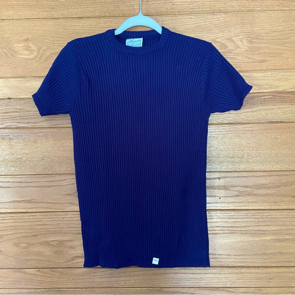 Vintage 1960s Marvin Knitting Mills deadstock navy ribbed short sleeve knit top